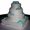 4 tier15-3 - 4 tiers round and square. Teal airbrushed buttercream roses.7", 10", 13", 16" tiers. 35 pounds. Serves 175 to 200.